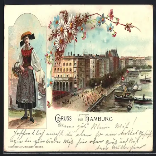 Lithographie Hamburg-Neustadt, Frau in ihrer Tracht, Alter Jungfernstieg mit Dampfern und Leuten