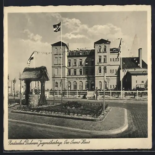 AK Duhnen /Nordsee, Jugendherberge Ove-Ovens-Haus, mit , Brunnen, Strasse