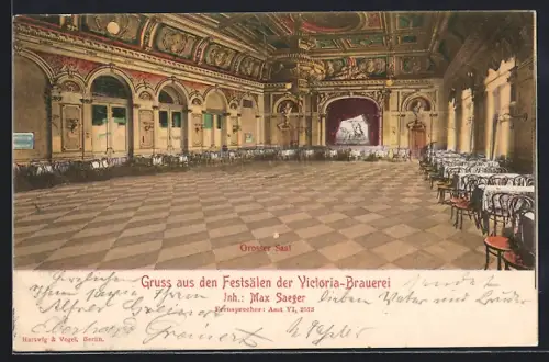 AK Berlin-Tiergarten, Festsäle der Victoria-Brauerei, Grosser Saal, Lützowstr. 111-112, Innenansicht