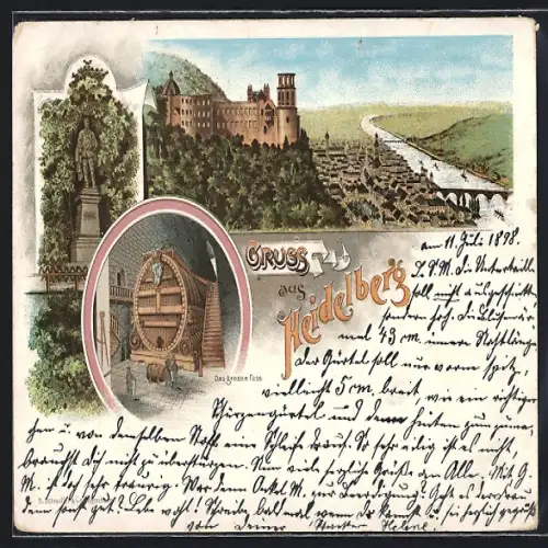 Lithographie Heidelberg, Teilansicht mit Burg, Grosses Fass, Denkmal