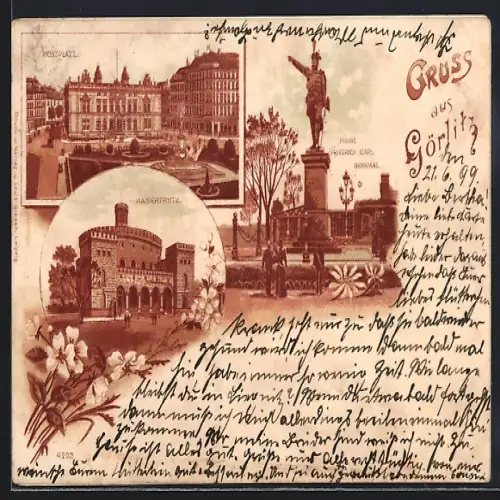 Lithographie Görlitz, Kaisertrutz, Postplatz, Prinz Friedrich Carl-Denkmal