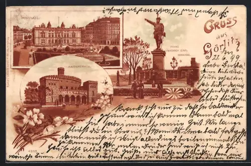 Lithographie Görlitz, Kaisertrutz, Postplatz, Prinz Friedrich Carl-Denkmal
