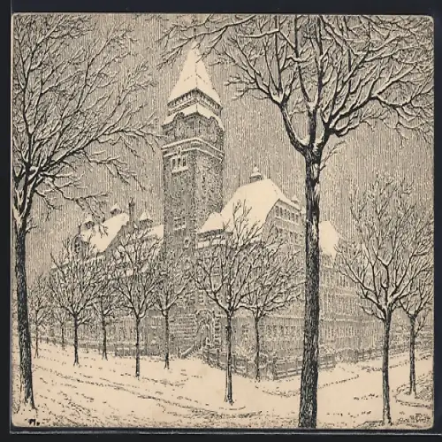 Künstler-AK Dresden-Strehlen, Friedrich-August-Seminar im Winter
