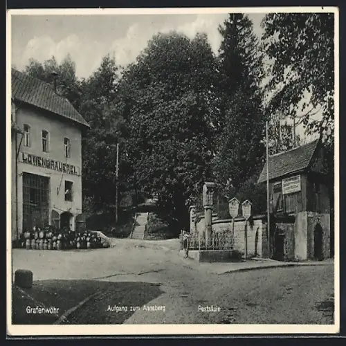 AK Grafenwöhr, Aufgang zum Annaberg mit Gasthaus Löwenbrauerei und Pestsäule