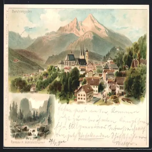Lithographie Berchtesgaden, Ramsau mit Mühlstützhörnern, Ortsansicht