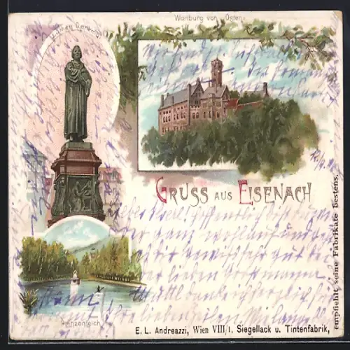 Lithographie Eisenach, Lutherdenkmal, Prinzenteich, Wartburg von Osten