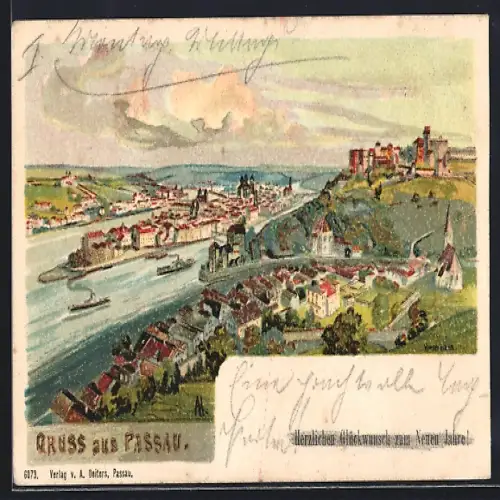 Lithographie Passau, Blick auf den gesamten Ort