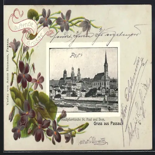 AK Passau, Stadtpfarrkirche St. Paul und Dom im Blumenpassepartout