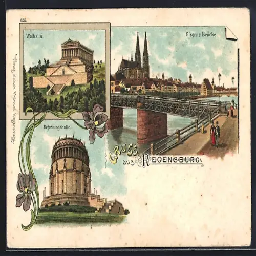 Lithographie Regensburg, Eiserne Brücke, Walhalla & Befreiungshalle