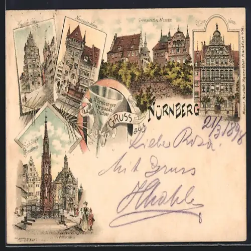 Lithographie Nürnberg, Naussauer Haus, Schöner Brunnen, Toppler Haus, Germanisches Museum, Pellerhaus
