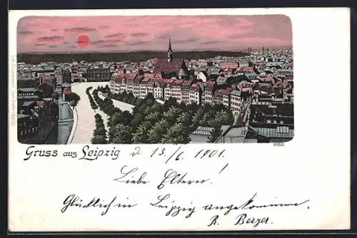 Lithographie Leipzig, Teilansicht bei Sonnenuntergang