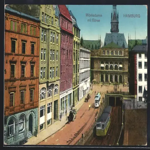AK Hamburg, Mönkedamm mit Börse und Strassenbahnen