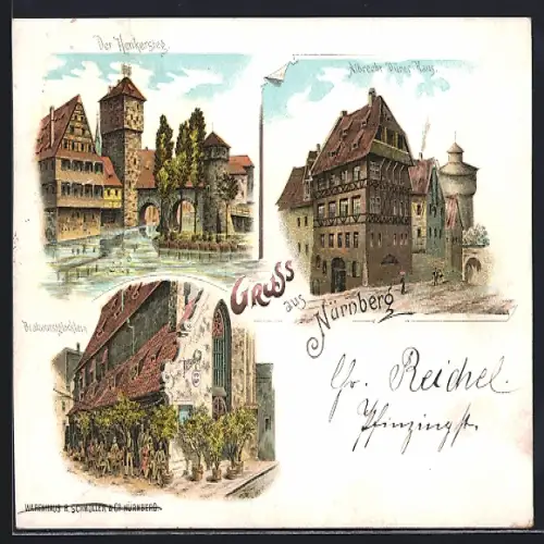 Lithographie Nürnberg, Henkersteg, Albrecht-Dürer-Haus, Bratwurstglöcklein