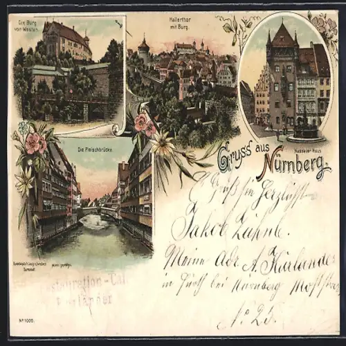 Lithographie Nürnberg, Fleischbrücke, Burg, Nassauer Haus, Hallerthor
