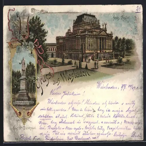 Lithographie Wiesbaden, Neues Theater und Kaiser-Denkmal