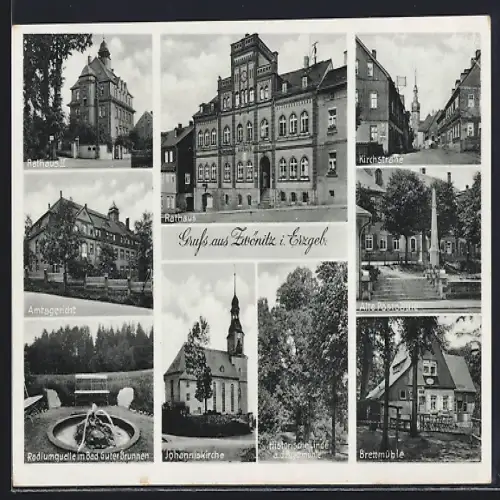 AK Zwönitz / Erzgeb., Amtsgericht, Kirchstrasse, Brettmühle, Johanniskirche