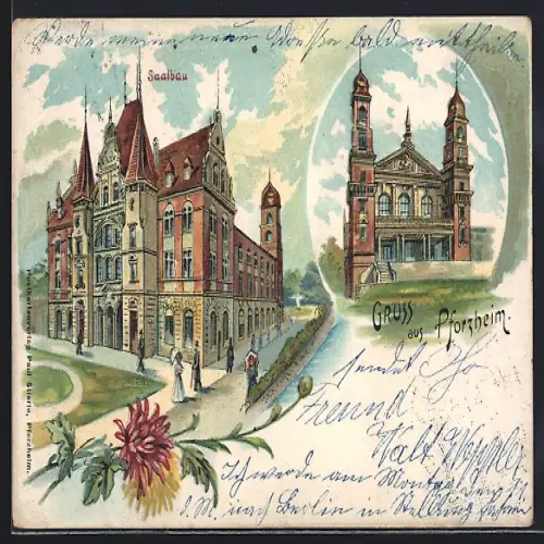 Lithographie Pforzheim, Spaziergänger am Saalbau