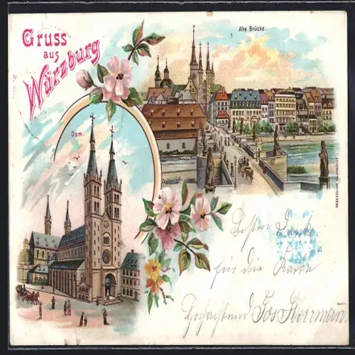 Lithographie Würzburg, alte Brücke, Dom, Blumen um 1900