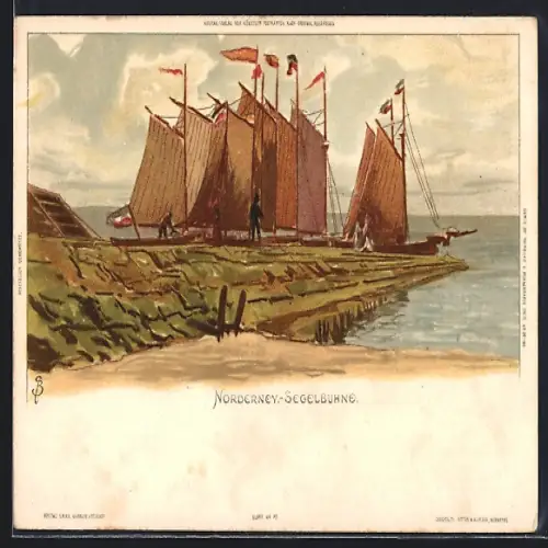 Künstler-AK C.Biese: Norderney, Segelschiffe an der Anlegestelle