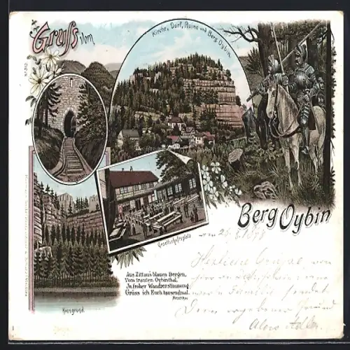 Lithographie Oybin, Gesellschaftsplatz mit Gasthof, Kirche, Dorf, Ruine und Berg, Ritter