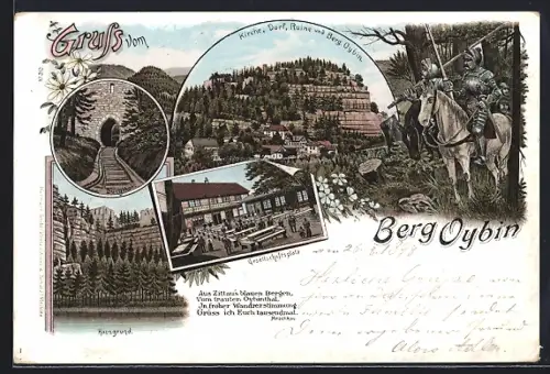 Lithographie Oybin, Gesellschaftsplatz mit Gasthof, Kirche, Dorf, Ruine und Berg, Ritter