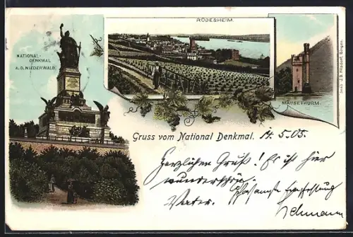Lithographie Rüdesheim, Panorama mit Niederwald-Denkmal