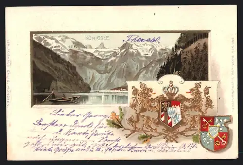 Passepartout-Lithographie Schönau am Königssee, Königsee mit Boot, Wappen