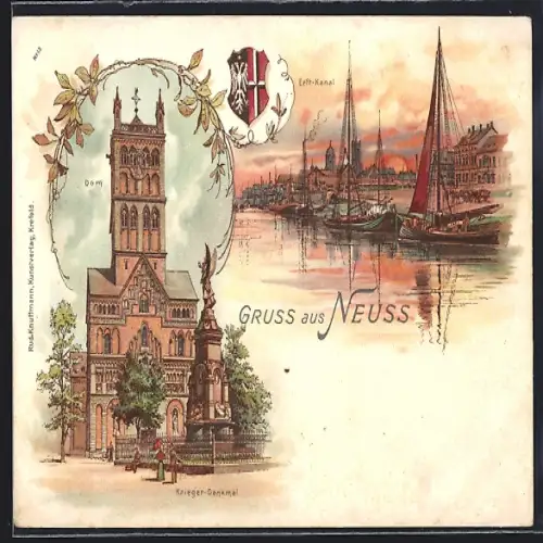 Lithographie Neuss, Kriegerdenkmal und Dom, Segelboote am Erft-Kanal