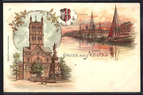 Lithographie Neuss, Kriegerdenkmal und Dom, Segelboote am Erft-Kanal