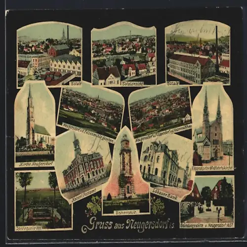 AK Neugersdorf i. S., Löbauer Bank, Kirche, Kaiserliches Postamt