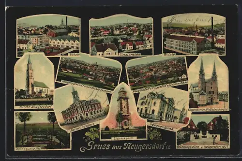 AK Neugersdorf i. S., Löbauer Bank, Kirche, Kaiserliches Postamt