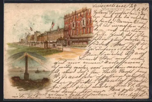 Lithographie Norderney, Leuenturm und Kaiserstrasse