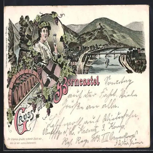 Lithographie Berncastel, Totalansicht mit Flusspartie und Panorama