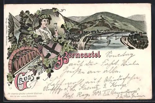 Lithographie Berncastel, Totalansicht mit Flusspartie und Panorama