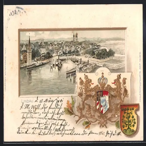 Passepartout-Lithographie Lindau / Bodensee, Hafen mit Dampfern aus der Vogelschau, Wappen