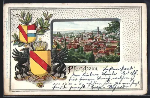 Passepartout-Lithographie Pforzheim, Totale des Ortes, Wappen, Greife