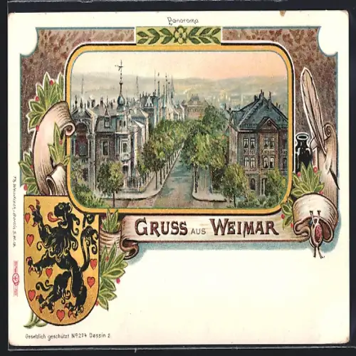 Lithographie Weimar / Thüringen, Strassenpartie aus der Vogelschau, Wappen