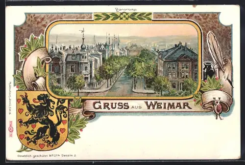 Lithographie Weimar / Thüringen, Strassenpartie aus der Vogelschau, Wappen