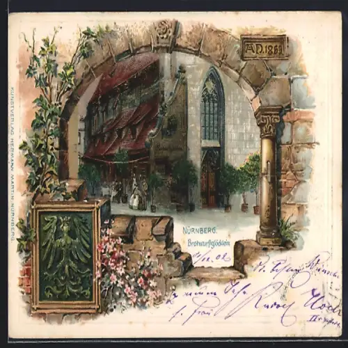 Passepartout-Lithographie Nürnberg, Restaurant Brotwurstgöcklein mit Besuchern