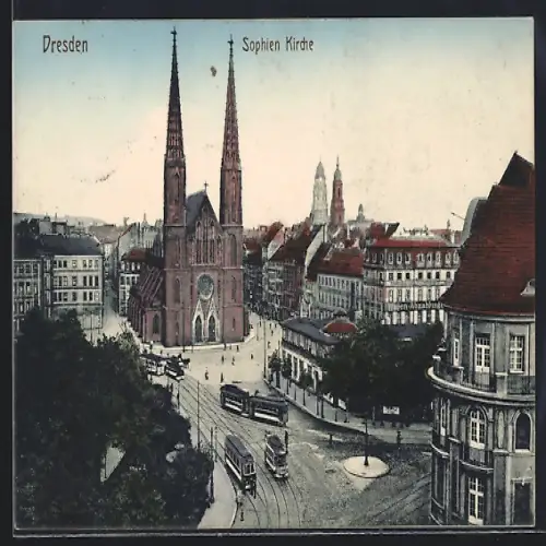 AK Dresden, Sophien Kirche mit Strassenbahnen