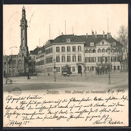 AK Dresden, Hôtel Bellevue mit Fernheizwerk und Strassenbahn