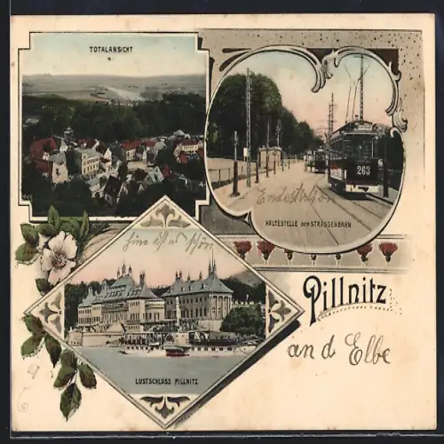 Lithographie Dresden-Pillnitz, Totalansicht, Haltestelle der Strassenbahn und Lustschloss