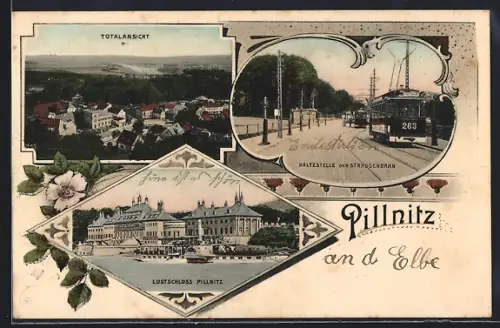 Lithographie Dresden-Pillnitz, Totalansicht, Haltestelle der Strassenbahn und Lustschloss