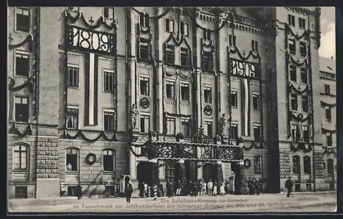 AK Dresden-Neustadt, Die Schützen-Kaserne im Festschmuck zur Jahrhundertfeier der schwarzen Brigade
