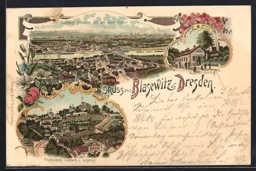 Lithographie Dresden-Blasewitz, Restaurant Potz Blitz, Drahtseilbahn und Gesamtansicht mit dem blauen Wunder