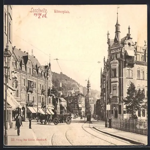 AK Löschwitz, Körnerplatz und Strassenpartie mit Strassenbahn