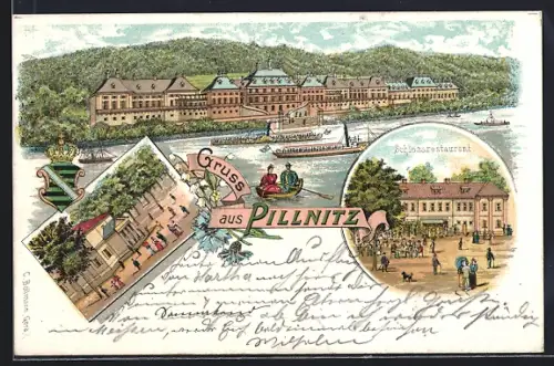 Lithographie Dresden-Pillnitz, Dampfer am Schloss & Schlossrestaurant mit Garten