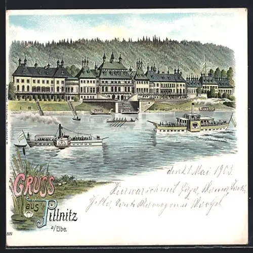 Lithographie Dresden-Pillnitz, Flusspartie mit Schiffen und Ruderbooten