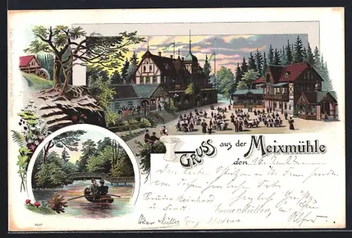 Lithographie Dresden-Pillnitz, Gasthaus Meixmühle und Partie am Wasser