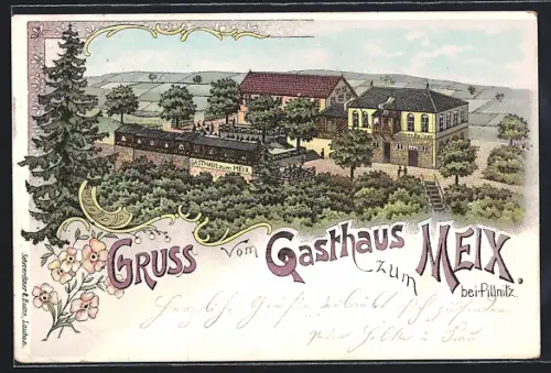 Lithographie Dresden-Pillnitz, Gasthaus zum Meix aus der Vogelschau
